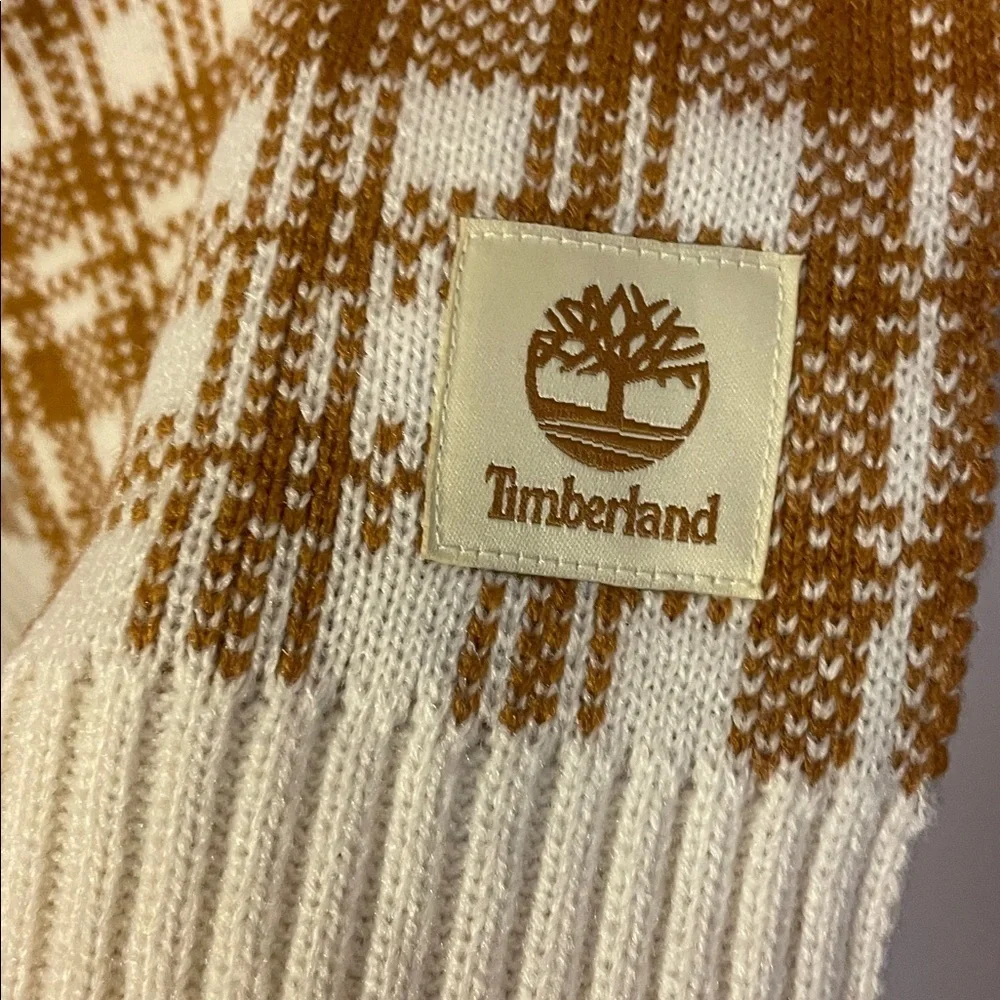 Timberland Tan Brown Cream Windowpane Plaid Knit Scarf